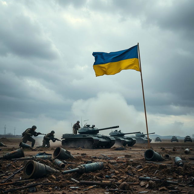 A dramatic scene depicting the ongoing war between Russia and Ukraine, showcasing a rugged battlefield landscape with smoke rising in the distance and scattered debris