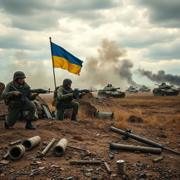A dramatic scene depicting the ongoing war between Russia and Ukraine, showcasing a rugged battlefield landscape with smoke rising in the distance and scattered debris