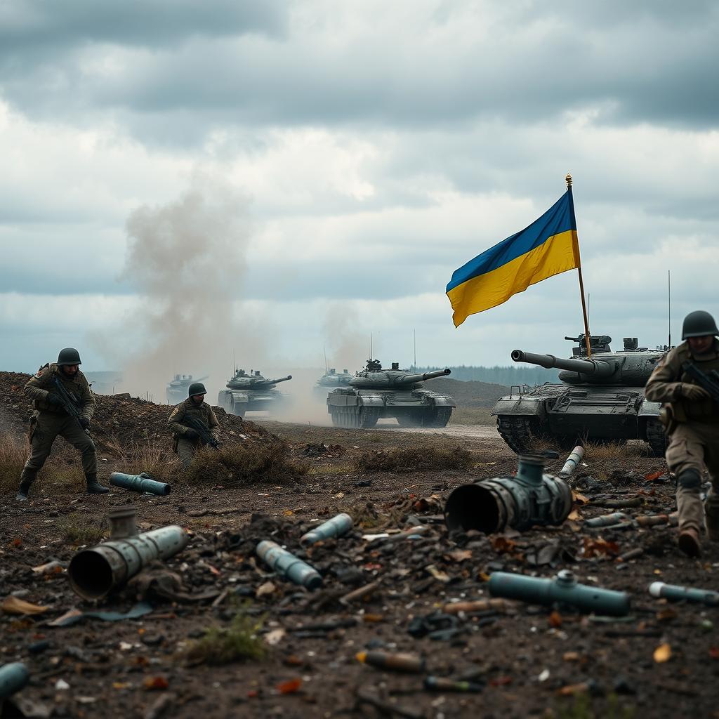 A dramatic scene depicting the ongoing war between Russia and Ukraine, showcasing a rugged battlefield landscape with smoke rising in the distance and scattered debris