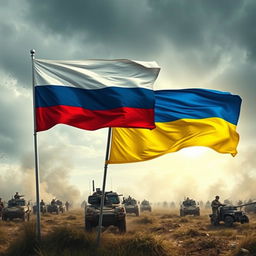 A powerful artistic representation of the conflict between Russia and Ukraine, featuring the national flags of both countries prominently displayed