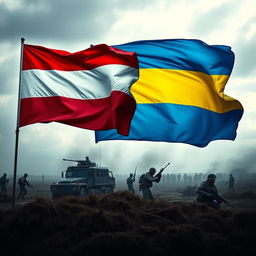 A powerful artistic representation of the conflict between Russia and Ukraine, featuring the national flags of both countries prominently displayed