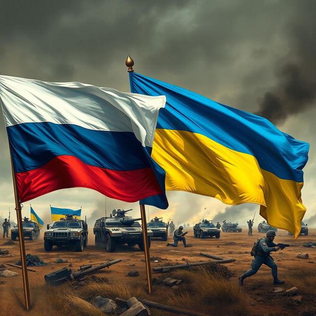 A powerful artistic representation of the conflict between Russia and Ukraine, featuring the national flags of both countries prominently displayed