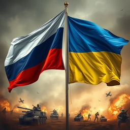 A powerful artistic representation of the conflict between Russia and Ukraine, featuring the national flags of both countries prominently displayed