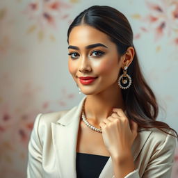 A beautiful portrait of a stylish young woman with a sophisticated outfit, wearing elegant jewelry and a slight smile