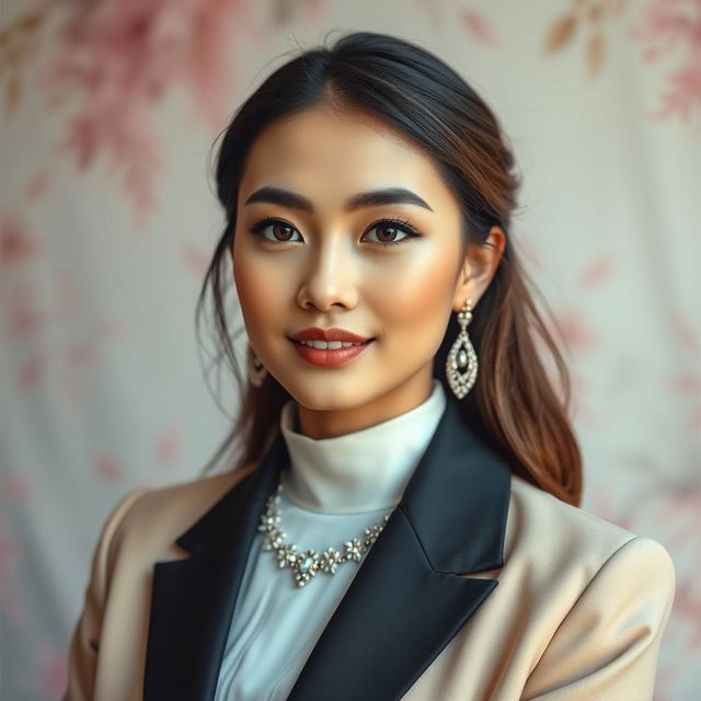 A beautiful portrait of a stylish young woman with a sophisticated outfit, wearing elegant jewelry and a slight smile