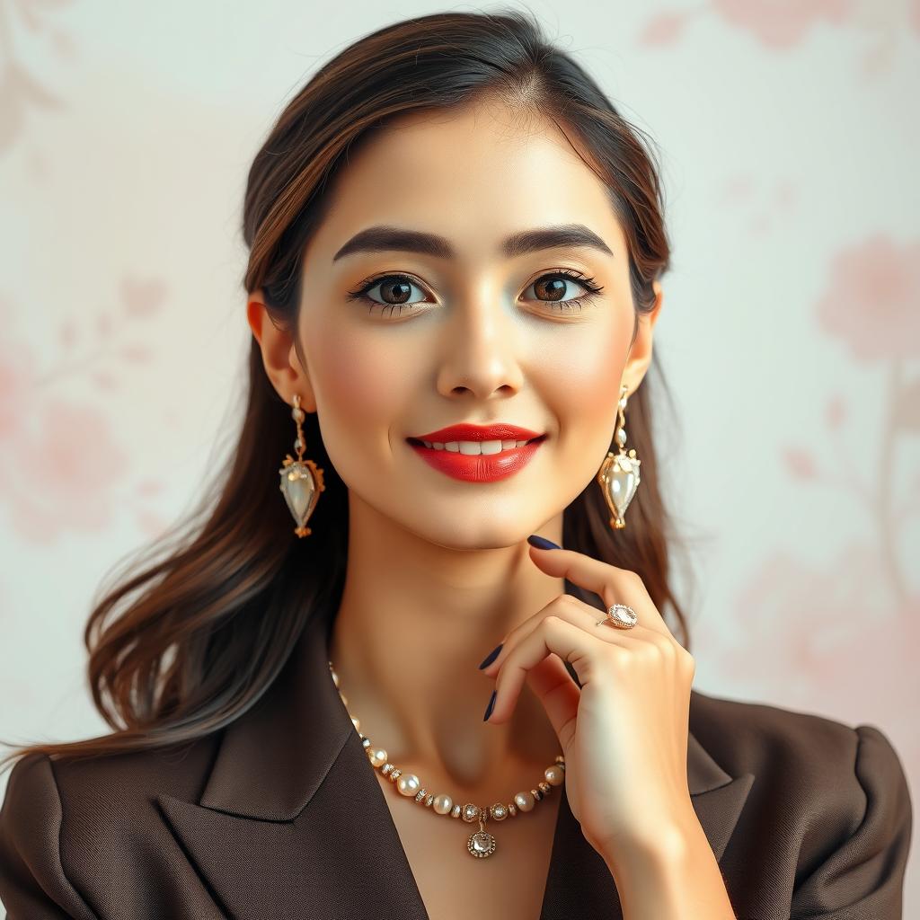 A beautiful portrait of a stylish young woman with a sophisticated outfit, wearing elegant jewelry and a slight smile