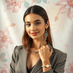A beautiful portrait of a stylish young woman with a sophisticated outfit, wearing elegant jewelry and a slight smile