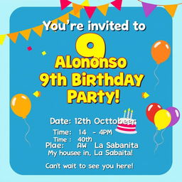 Birthday invitation for a 9-year-old boy named Alonso, featuring a bright and cheerful design