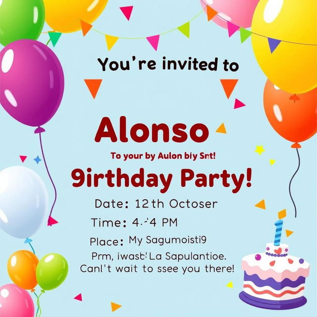 Birthday invitation for a 9-year-old boy named Alonso, featuring a bright and cheerful design