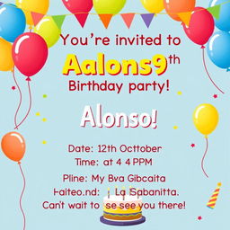 Birthday invitation for a 9-year-old boy named Alonso, featuring a bright and cheerful design