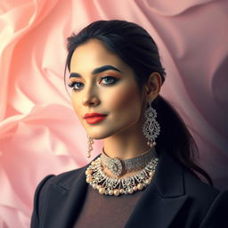 A beautifully composed portrait of a fashionable young woman adorned in a classy outfit and exquisite jewelry, radiating style and charm