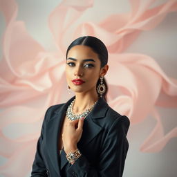 A beautifully composed portrait of a fashionable young woman adorned in a classy outfit and exquisite jewelry, radiating style and charm