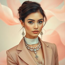 A beautifully composed portrait of a fashionable young woman adorned in a classy outfit and exquisite jewelry, radiating style and charm