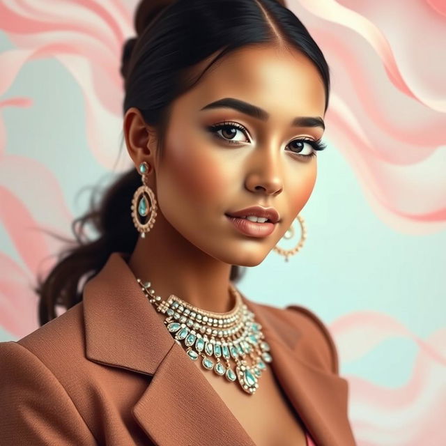 A beautifully composed portrait of a fashionable young woman adorned in a classy outfit and exquisite jewelry, radiating style and charm