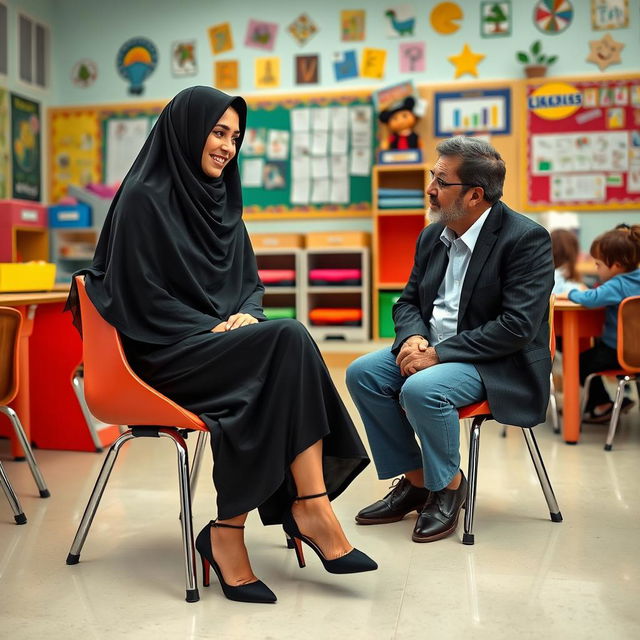 An Iranian Muslim woman, 35 years old, wearing a flowing black chador that complements her modern short pants and chic heels