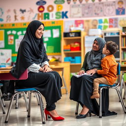 An Iranian Muslim woman, 35 years old, wearing a flowing black chador that complements her modern short pants and chic heels