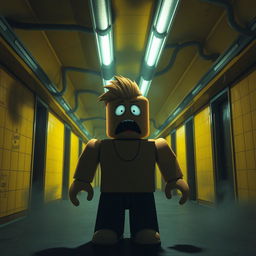 A detailed depiction of a scared Roblox character standing in the eerie, labyrinth-like environment of the backrooms