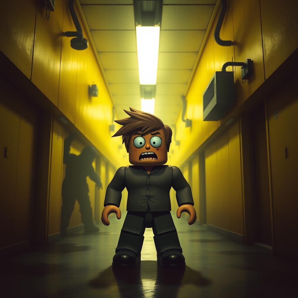 A detailed depiction of a scared Roblox character standing in the eerie, labyrinth-like environment of the backrooms