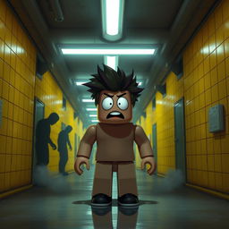 A detailed depiction of a scared Roblox character standing in the eerie, labyrinth-like environment of the backrooms