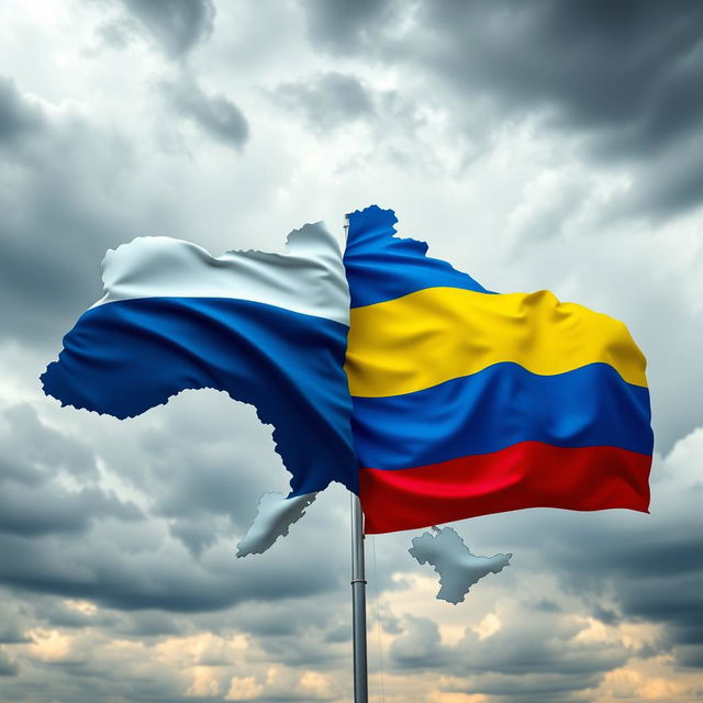 A symbolic representation highlighting the territorial conflict between Ukraine and Russia, featuring the Ukrainian and Russian flags in a visually impactful way