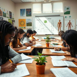 A close-up view of a biology classroom during a test, with students intently focused on their papers