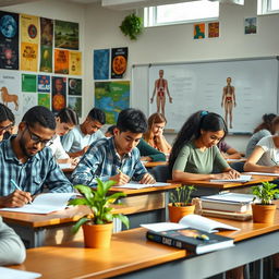 A close-up view of a biology classroom during a test, with students intently focused on their papers