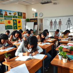 A close-up view of a biology classroom during a test, with students intently focused on their papers