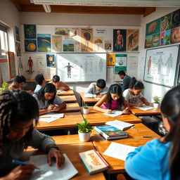 A close-up view of a biology classroom during a test, with students intently focused on their papers