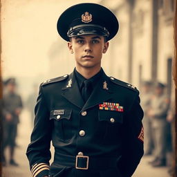 A teenage military general in black clothing standing confidently, wearing a stylish military uniform with various medals and insignias