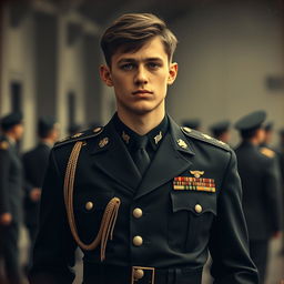 A teenage military general in black clothing standing confidently, wearing a stylish military uniform with various medals and insignias