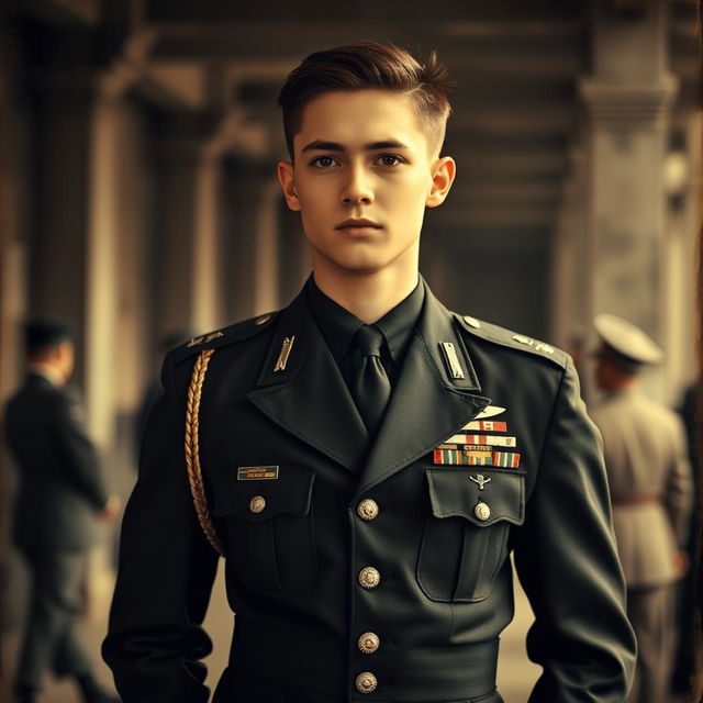 A teenage military general in black clothing standing confidently, wearing a stylish military uniform with various medals and insignias