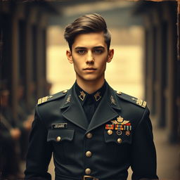 A teenage military general in black clothing standing confidently, wearing a stylish military uniform with various medals and insignias
