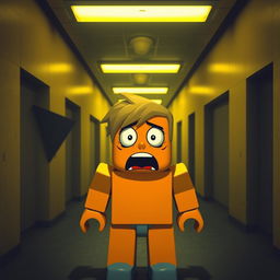 A terrified Roblox character with wide eyes and an open mouth, exhibiting fear, stands in the dimly lit and surreal environment of the backrooms
