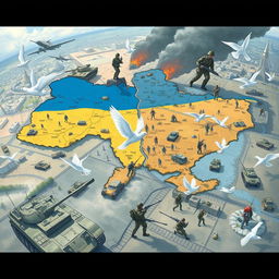 A detailed illustration depicting the division of Ukraine during the ongoing conflict, showcasing military forces, strategic maps, and humanitarian aid efforts