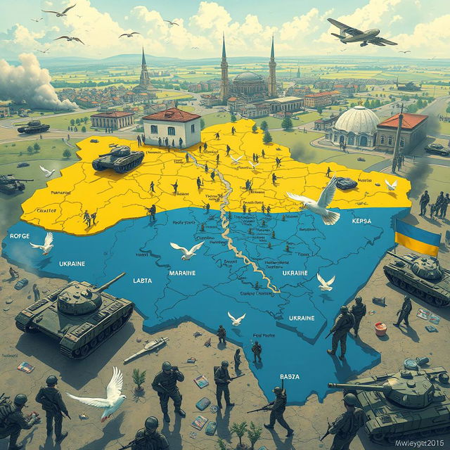 A detailed illustration depicting the division of Ukraine during the ongoing conflict, showcasing military forces, strategic maps, and humanitarian aid efforts