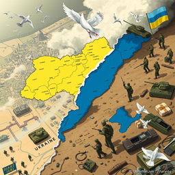A detailed illustration depicting the division of Ukraine during the ongoing conflict, showcasing military forces, strategic maps, and humanitarian aid efforts