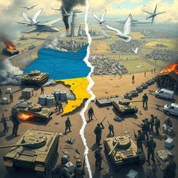 A detailed illustration depicting the division of Ukraine during the ongoing conflict, showcasing military forces, strategic maps, and humanitarian aid efforts