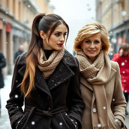 A pretty woman with long dark blonde hair in a sleek ponytail, dressed in a fancy winter coat layered with scarves and warm clothing, walking alongside a middle-aged woman resembling Princess Diana, featuring her iconic 1997 hairstyle
