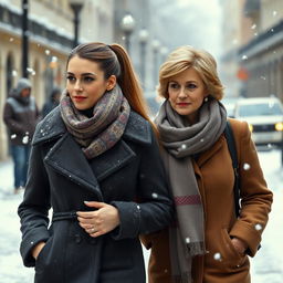 A pretty woman with long dark blonde hair in a sleek ponytail, dressed in a fancy winter coat layered with scarves and warm clothing, walking alongside a middle-aged woman resembling Princess Diana, featuring her iconic 1997 hairstyle