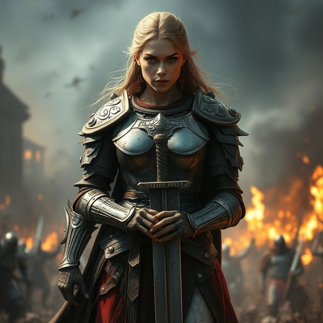 A heroic female warrior, dressed in intricate and battle-worn armor, standing tall amidst a dramatic battlefield