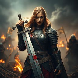 A heroic female warrior, dressed in intricate and battle-worn armor, standing tall amidst a dramatic battlefield