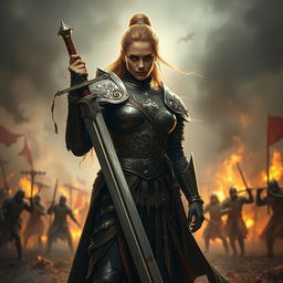 A heroic female warrior, dressed in intricate and battle-worn armor, standing tall amidst a dramatic battlefield