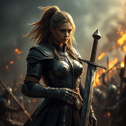 A heroic female warrior, dressed in intricate and battle-worn armor, standing tall amidst a dramatic battlefield