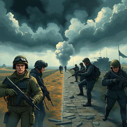 A powerful and evocative illustration capturing the essence of the Ukraine war division, showcasing a stark contrast between two opposing forces
