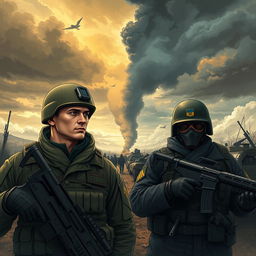 A powerful and evocative illustration capturing the essence of the Ukraine war division, showcasing a stark contrast between two opposing forces