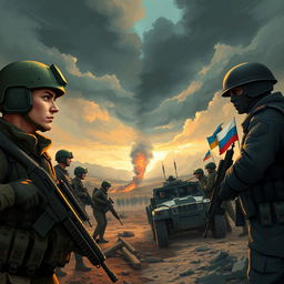 A powerful and evocative illustration capturing the essence of the Ukraine war division, showcasing a stark contrast between two opposing forces