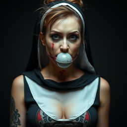 A woman in a nun costume with a black and white tattoo on her thigh