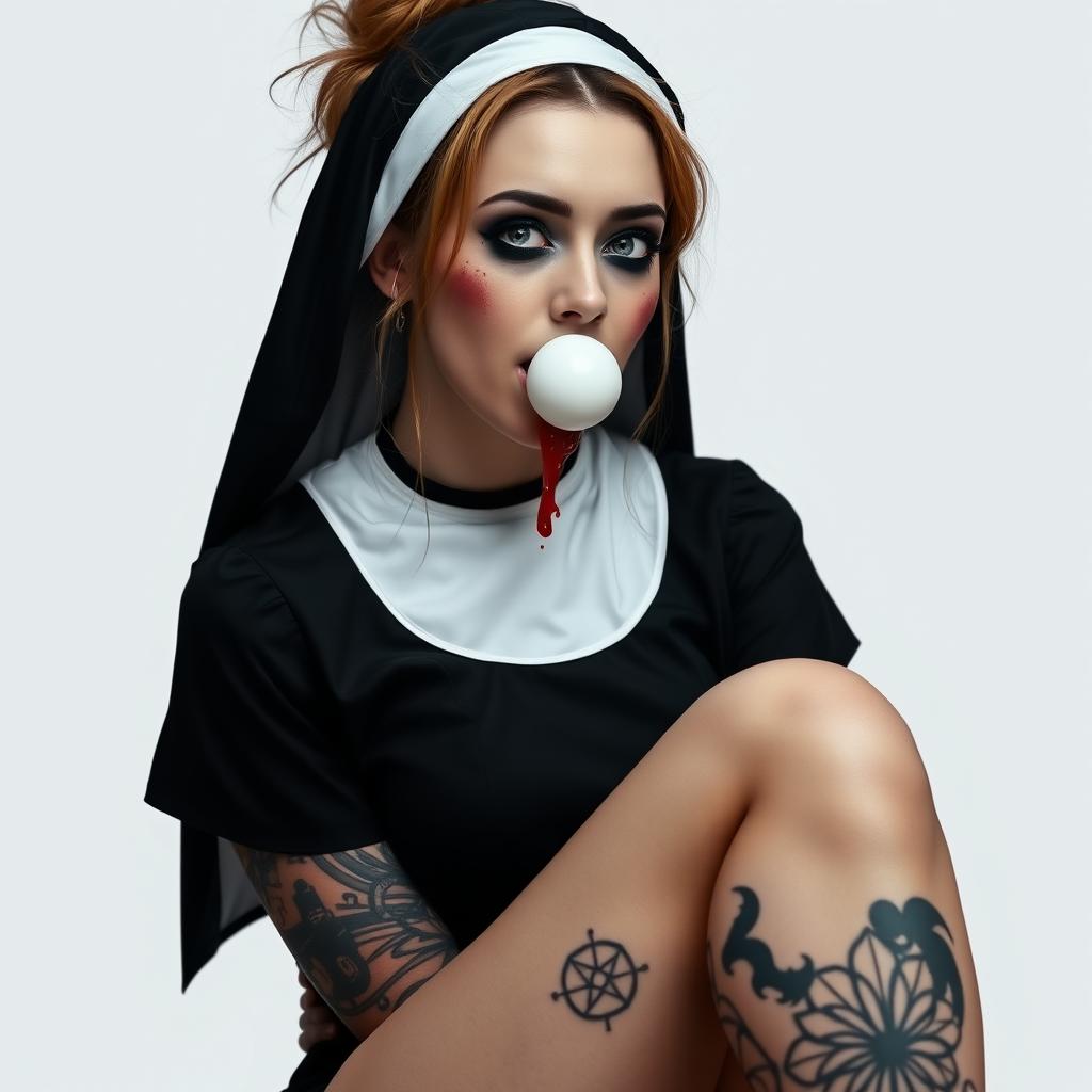 A woman in a nun costume with a black and white tattoo on her thigh