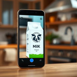 A realistic smartphone screen displaying a scanning interface focused on a milk product carton