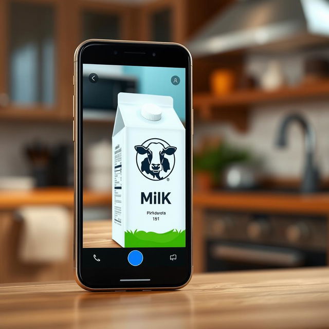 A realistic smartphone screen displaying a scanning interface focused on a milk product carton